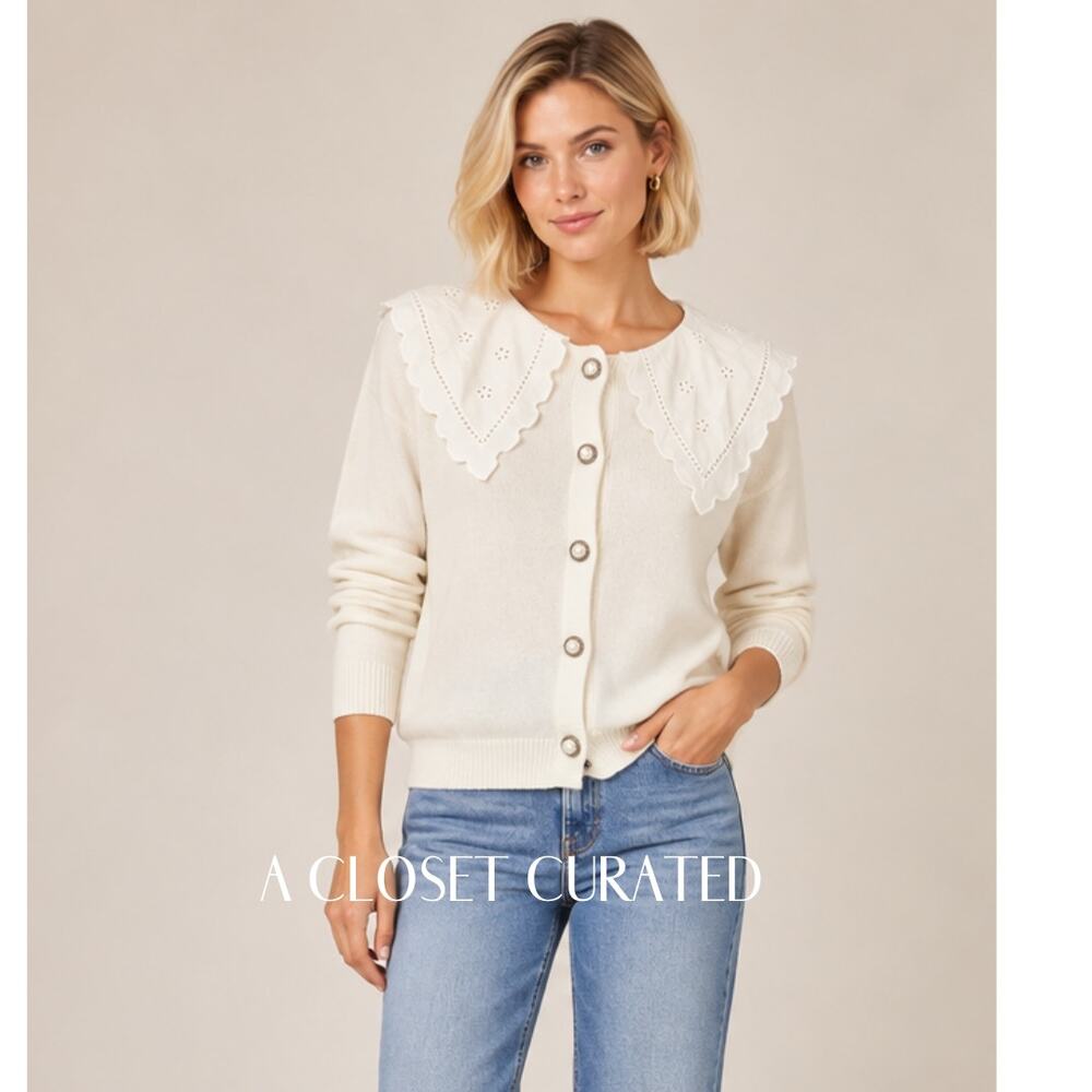 Olivia Rubin Courtney Ivory Lace Collar Cardigan Sweater NEW Medium